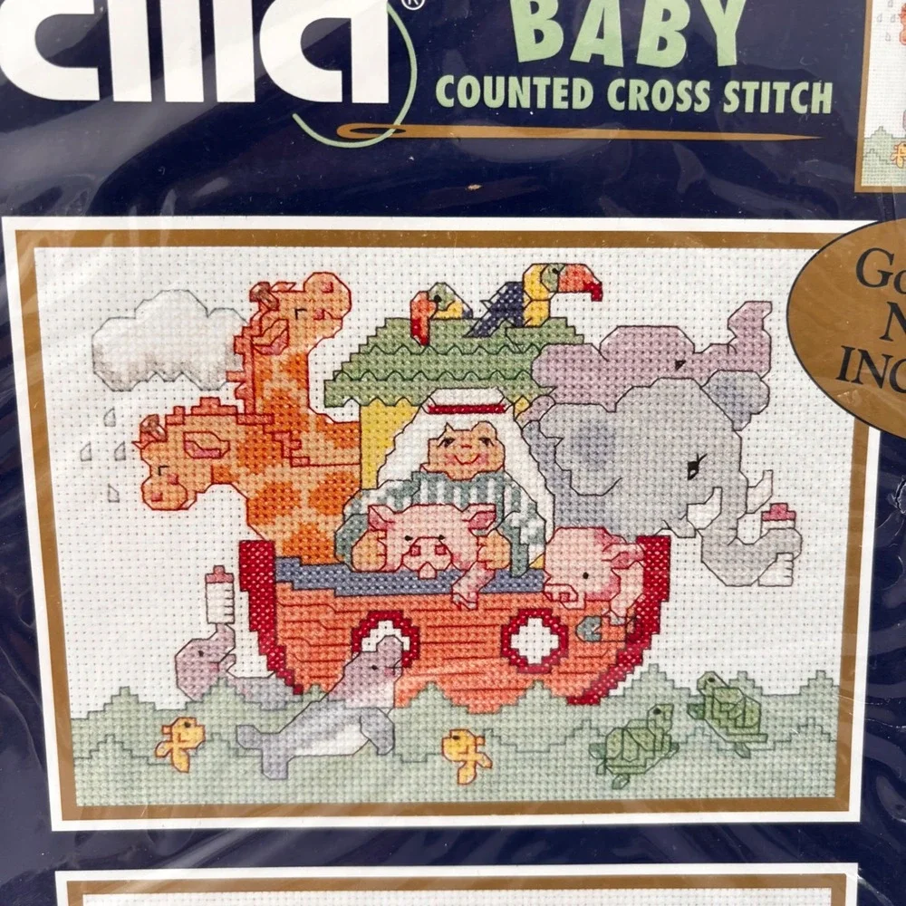 Vintage Bucilla Baby Cross Stitch Kit Mini Pair Noah & Friends 7x5